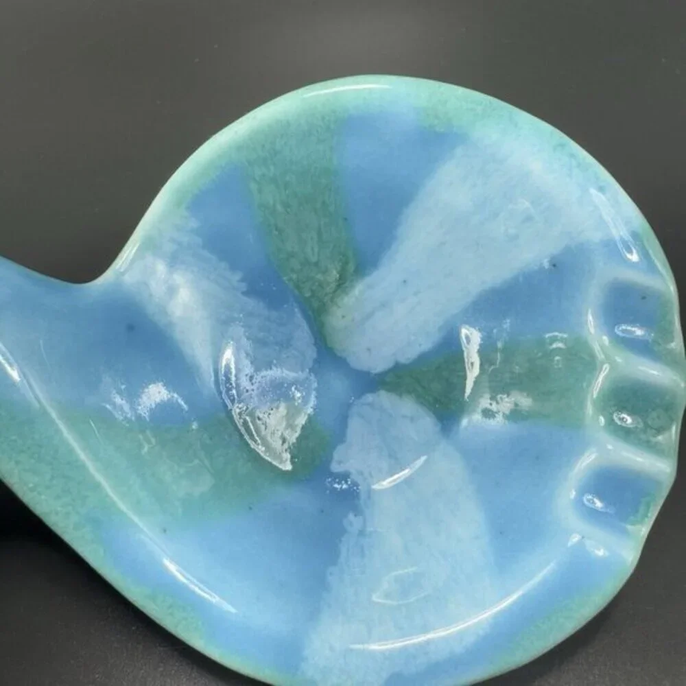 Vintage Dryden Pottery Ashtray Dish Blue Glazed Signed Spoon Shaped‎ Decor VTG